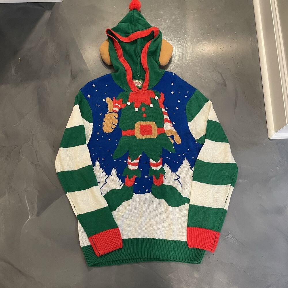 Party‎ Sweater Christmas Elf Sweater Hood With Ears Size Medium Women’s Holiday